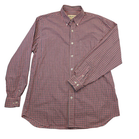 Eddie Bauer Mens Button Down Plaid Shirt Medium Red Black Checkered Casual - Picture 1 of 8